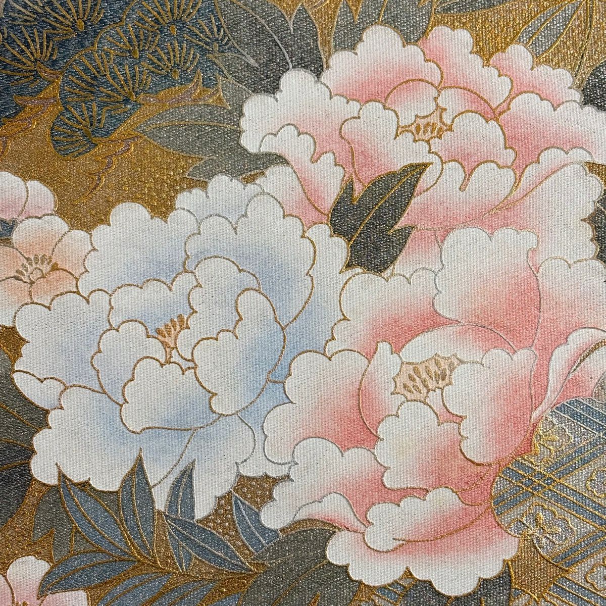 袋帶 秀品級 牡丹 菊花 金銀彩 金金箔 灰色 大鼓圖案 純蠶絲