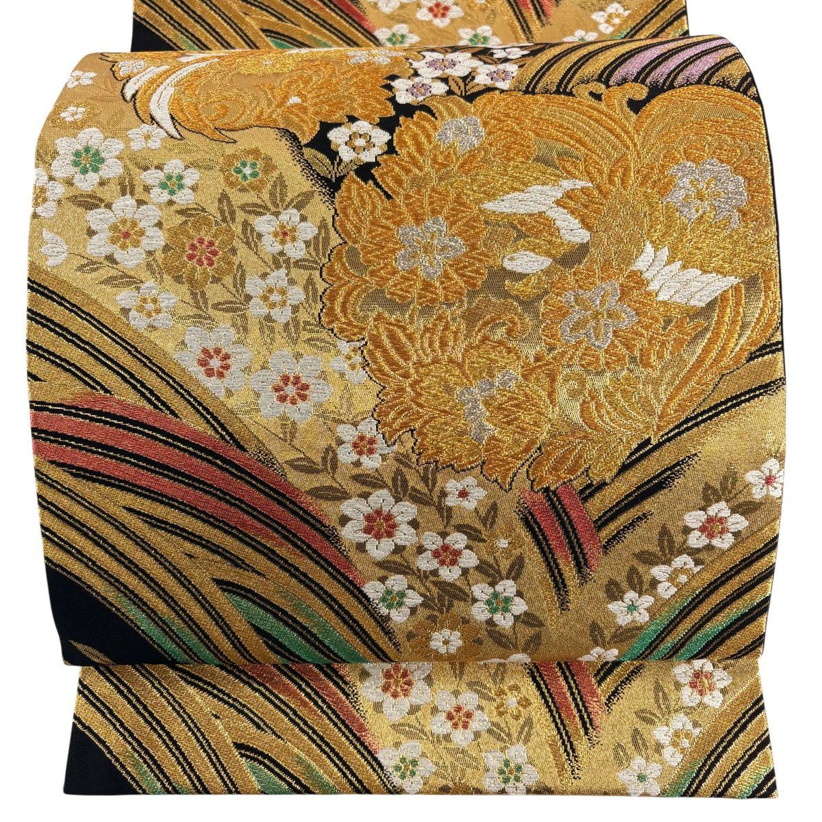 【美品】 袋帶 秀品級 花鳥 波 金金箔 唐織 黑 六通 純蠶絲