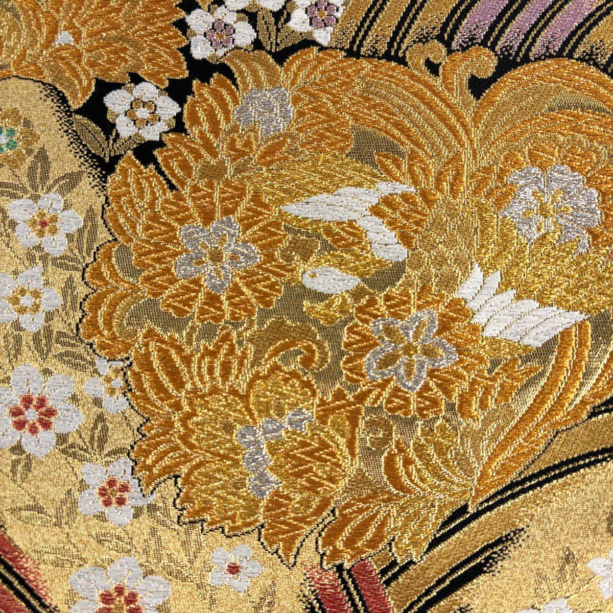 【美品】 袋帶 秀品級 花鳥 波 金金箔 唐織 黑 六通 純蠶絲