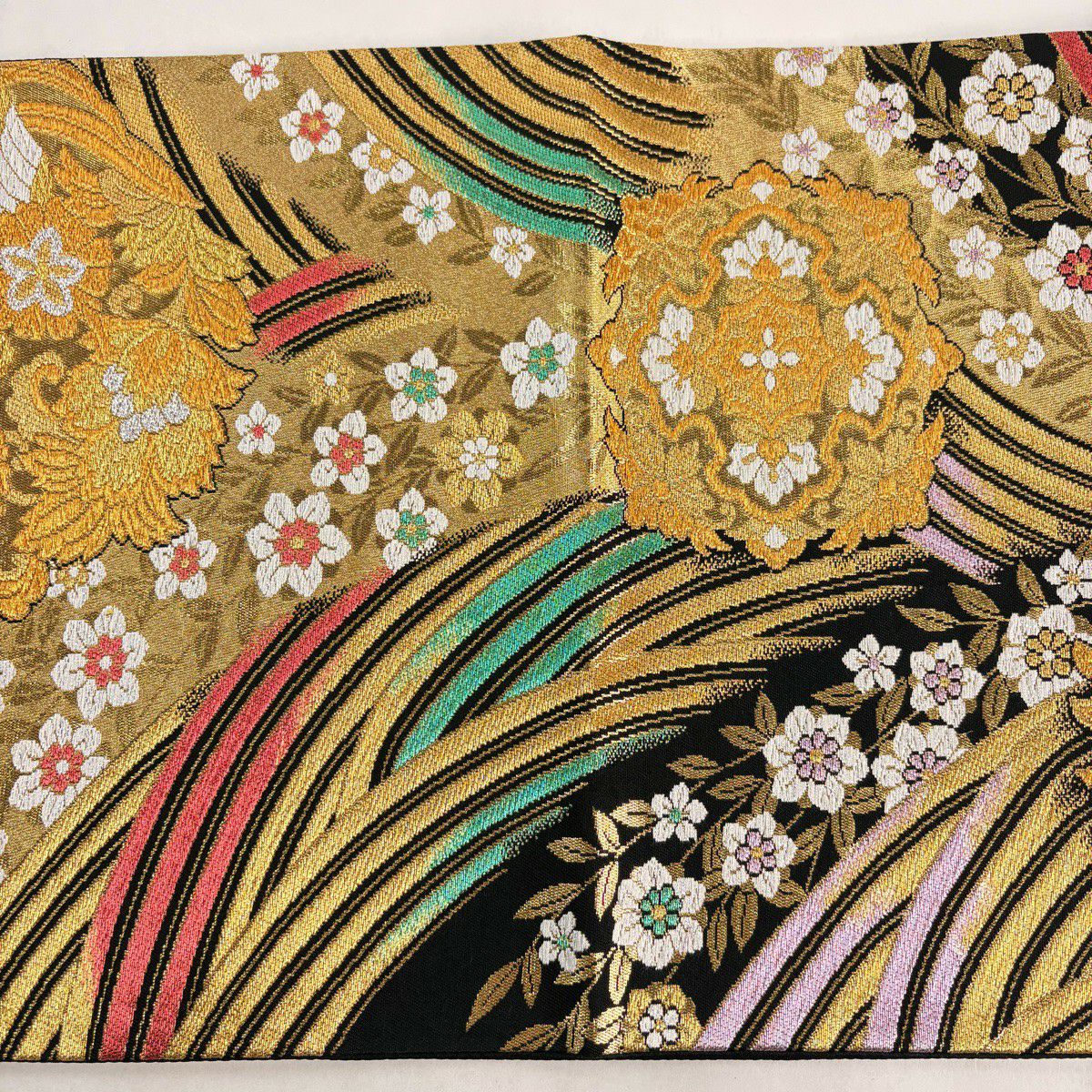 【美品】 袋帶 秀品級 花鳥 波 金金箔 唐織 黑 六通 純蠶絲