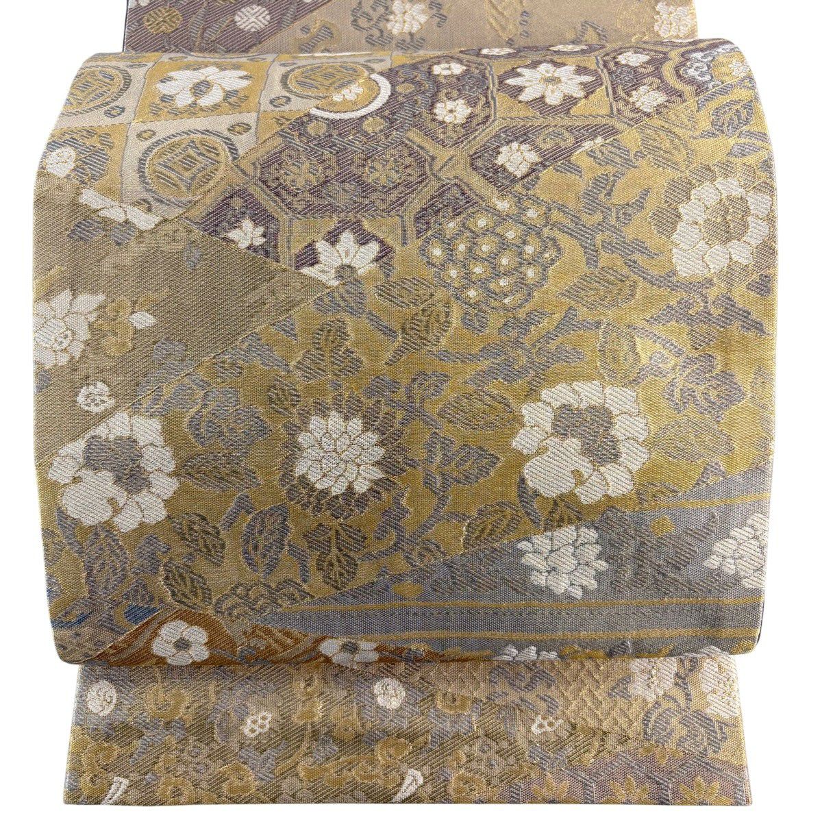 【美品】 袋帶 秀品級 花唐草紋 市松樹 金金箔 金色 全通 純蠶絲