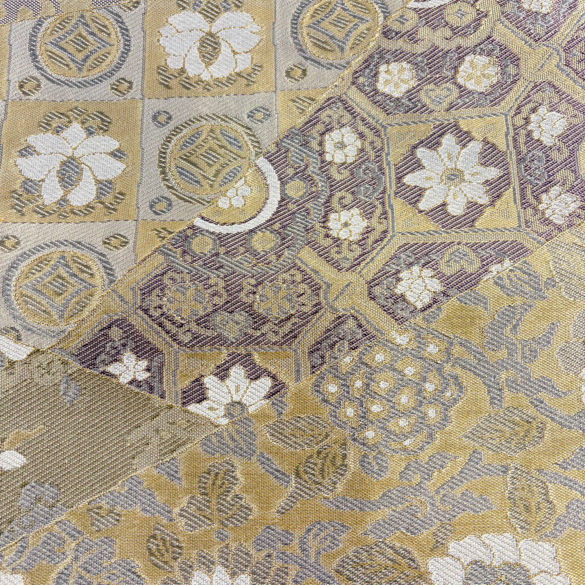 【美品】 袋帶 秀品級 花唐草紋 市松樹 金金箔 金色 全通 純蠶絲