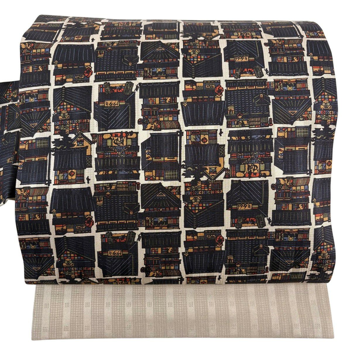 【美品】名古屋帶 秀品級 建築 人物 灰茶 純蠶絲