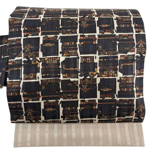 【美品】名古屋帶 秀品級 建築 人物 灰茶 純蠶絲