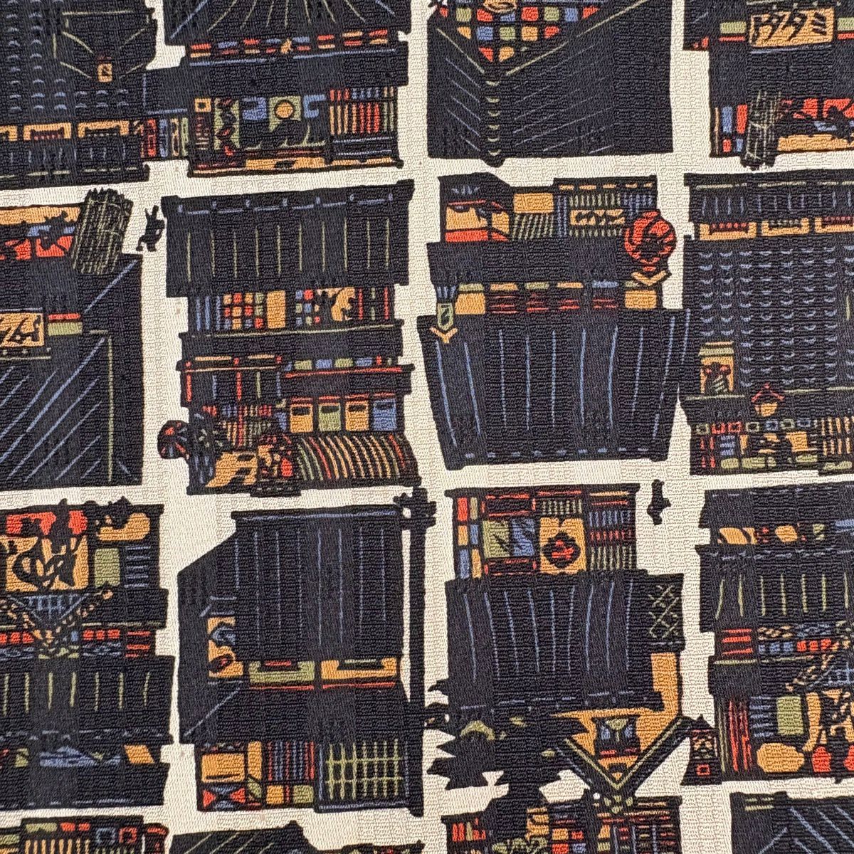 【美品】名古屋帶 秀品級 建築 人物 灰茶 純蠶絲