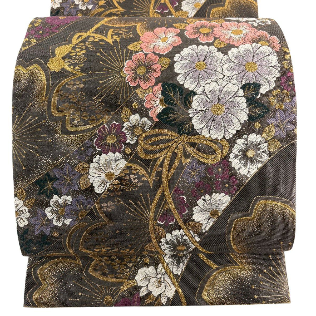 【美品】 袋帶 秀品級 藥玉 櫻花 金金箔 唐織 墨色 六通 純蠶絲