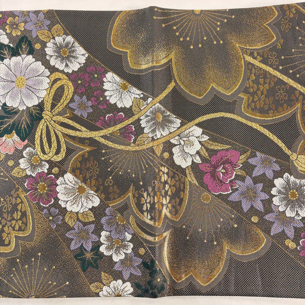 【美品】 袋帶 秀品級 藥玉 櫻花 金金箔 唐織 墨色 六通 純蠶絲