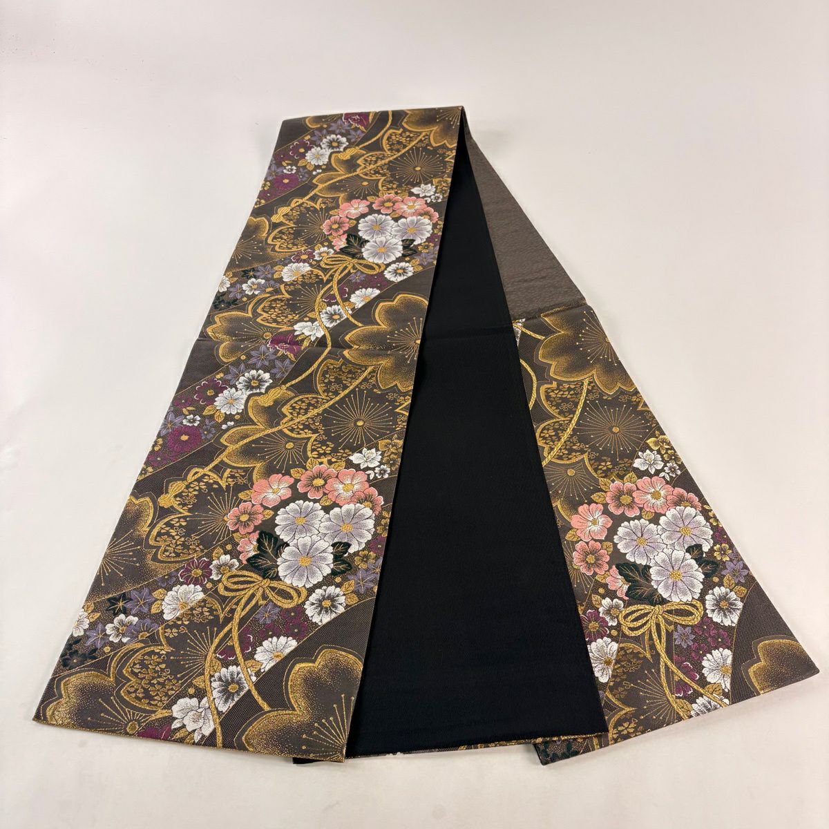 【美品】 袋帶 秀品級 藥玉 櫻花 金金箔 唐織 墨色 六通 純蠶絲