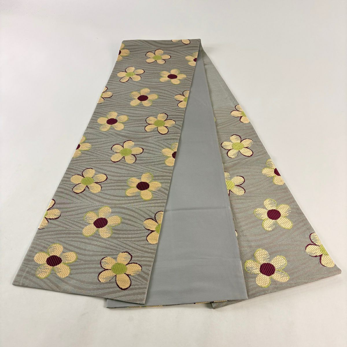 【美品】 袋帶 秀品級 梅花 波 銀線 灰色 六通 純蠶絲