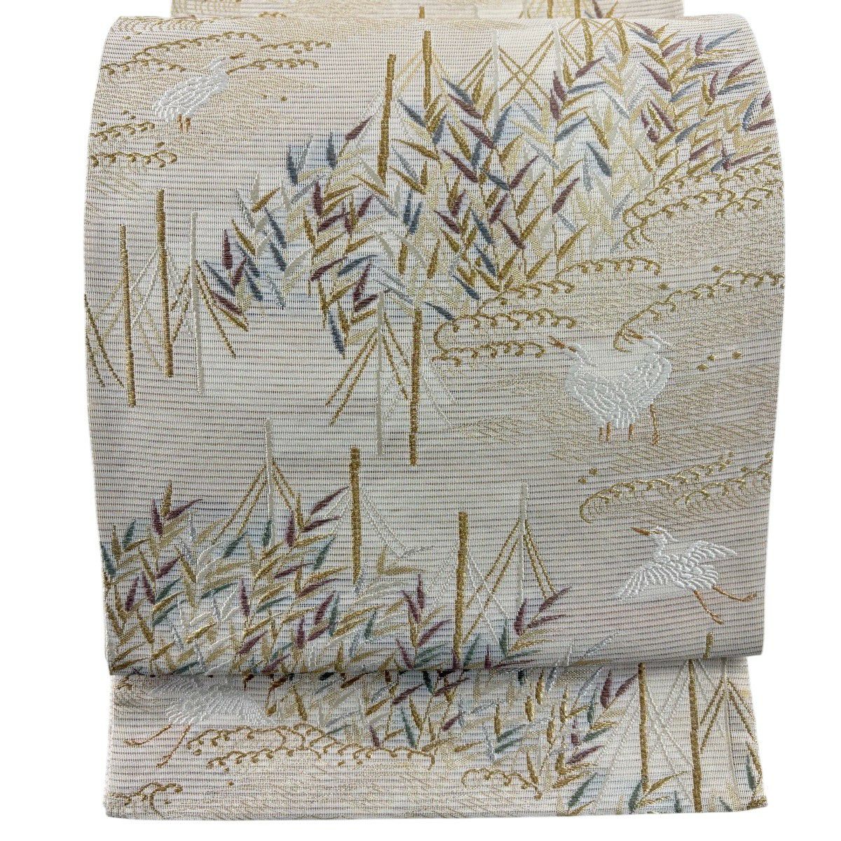 【美品】 袋帶 秀品級 夏帶 葉 鳥 金銀彩 米色 六通 純蠶絲