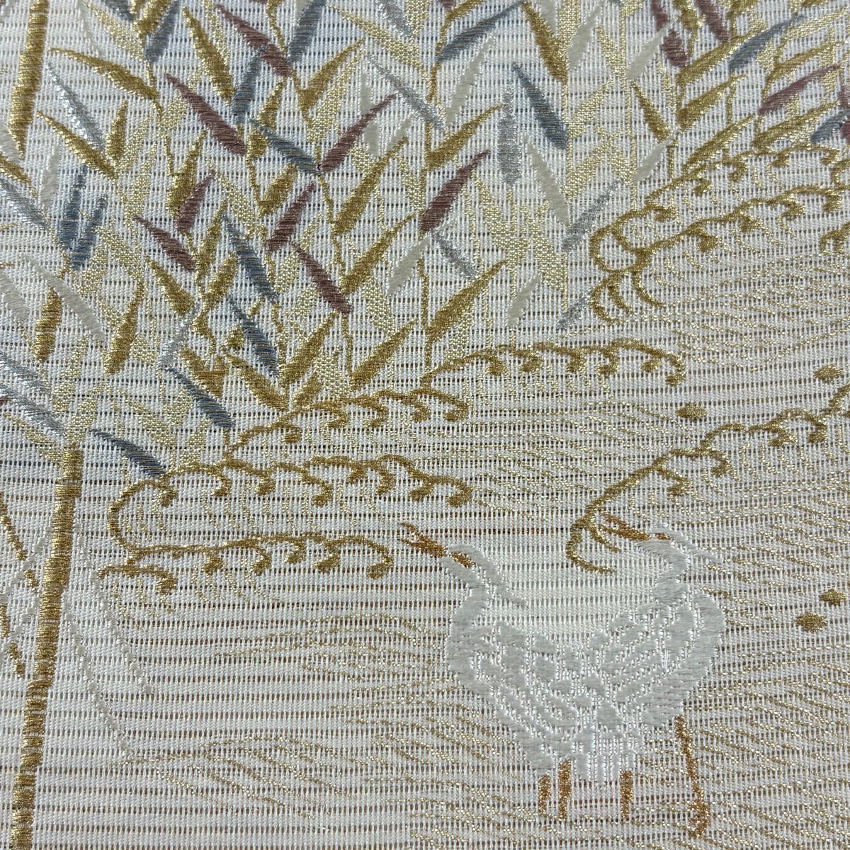 【美品】 袋帶 秀品級 夏帶 葉 鳥 金銀彩 米色 六通 純蠶絲