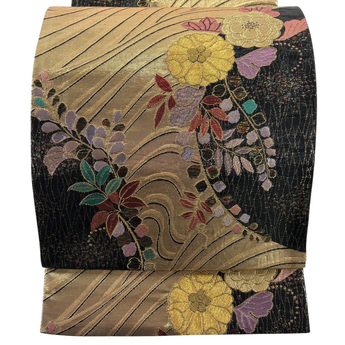 【美品】 袋帶 秀品級 草花紋紋 波 金銀彩 金金箔 黑 六通 純蠶絲