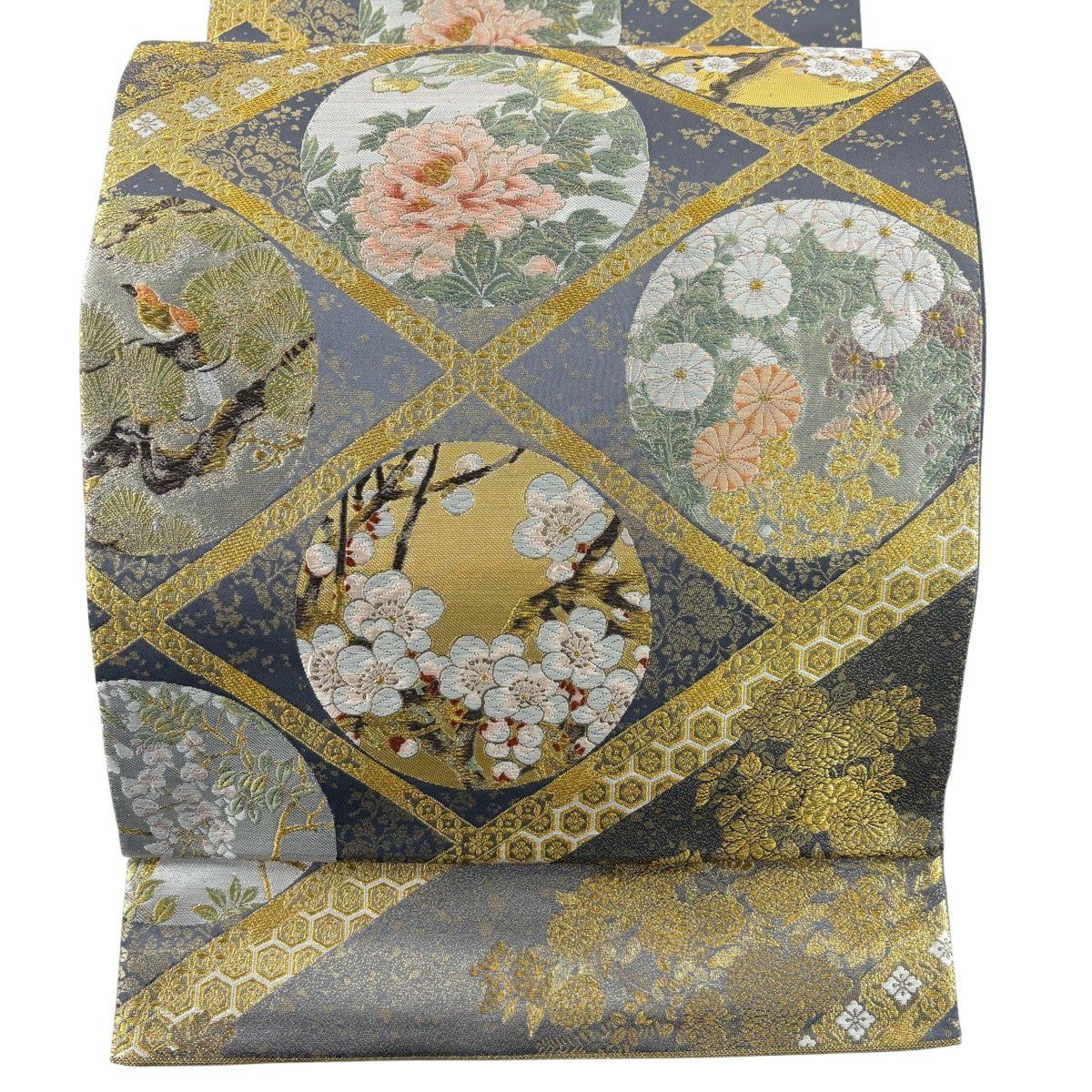 【美品】 袋帶 秀品級 關西仕立 草花紋紋 鳥 金絲 金金箔 灰色 六通 純蠶絲