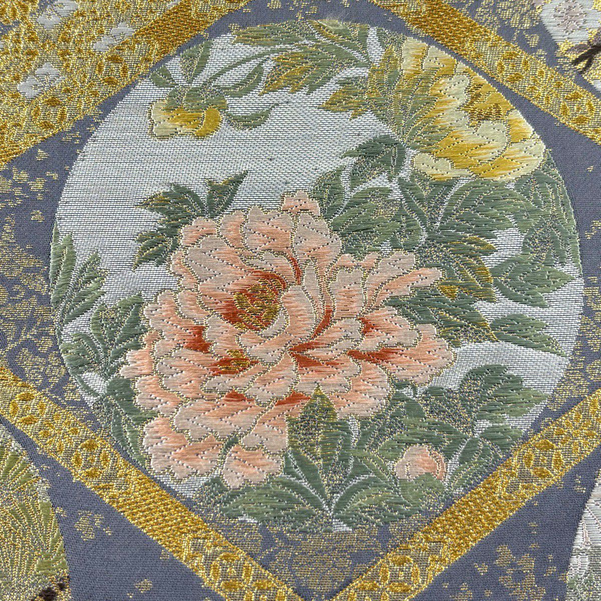 【美品】 袋帶 秀品級 關西仕立 草花紋紋 鳥 金絲 金金箔 灰色 六通 純蠶絲