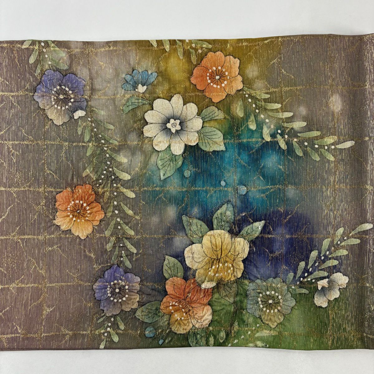 【美品】 袋帶 秀品級 辻花染 格子 金金箔 茶紫 お太鼓柄 純蠶絲