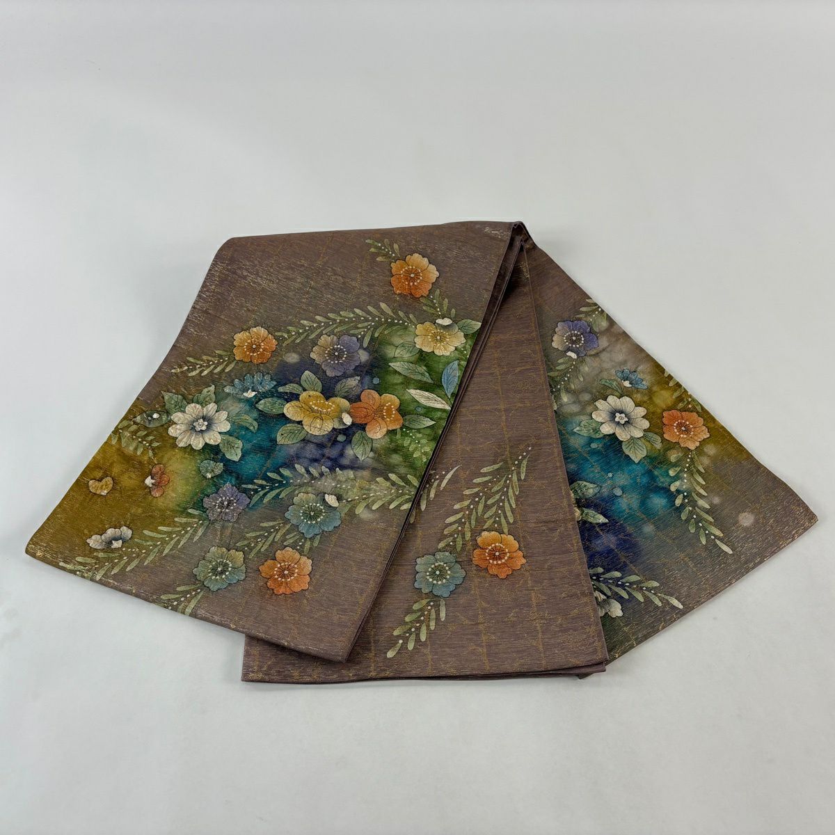 【美品】 袋帶 秀品級 辻花染 格子 金金箔 茶紫 お太鼓柄 純蠶絲