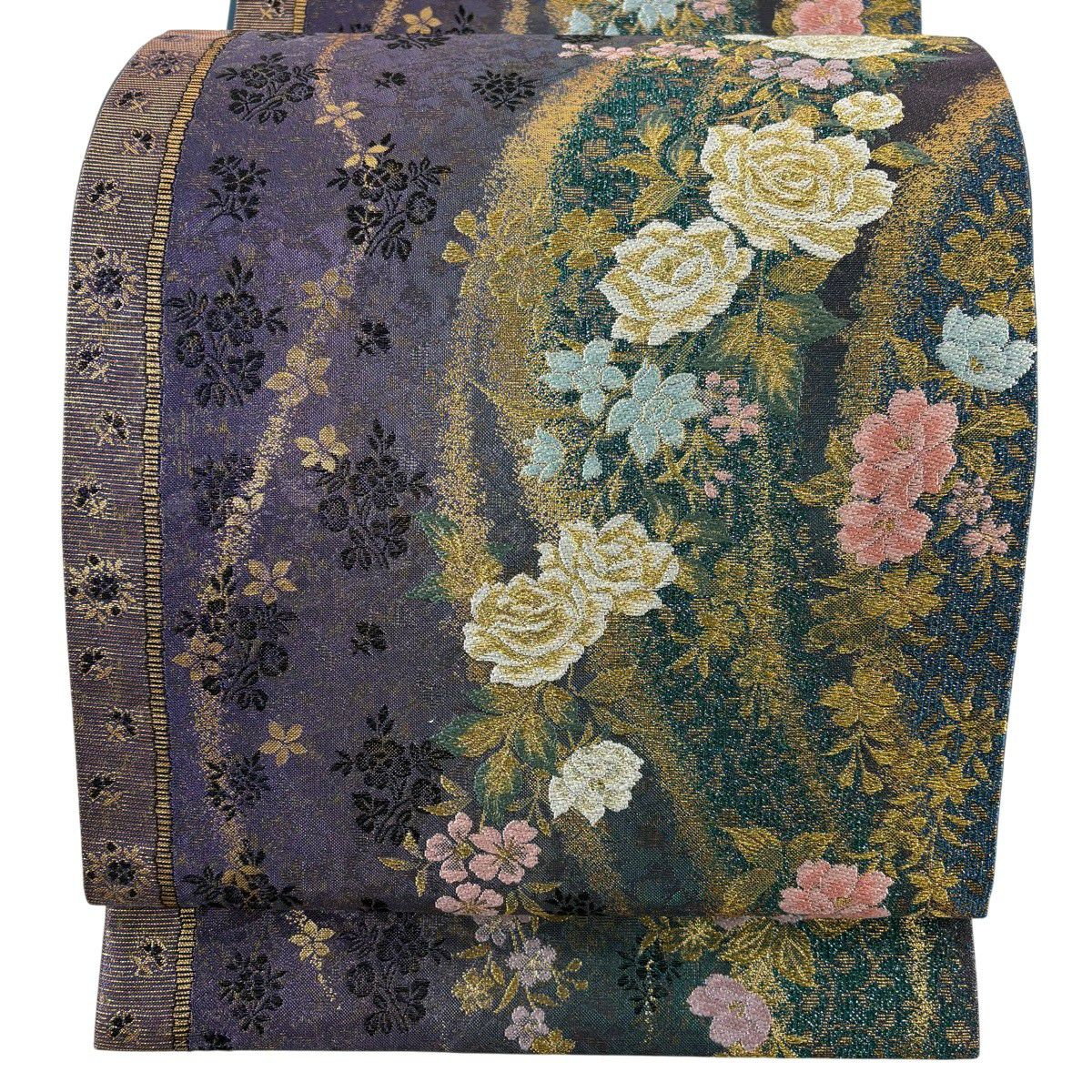 【美品】袋帶 秀品級 大和 玫瑰 草花紋 金金箔 金銀彩 青綠 六通 純蠶絲