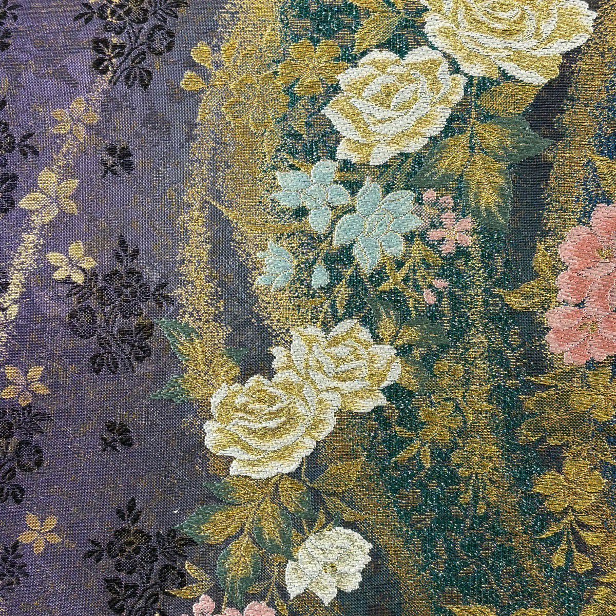 【美品】袋帶 秀品級 大和 玫瑰 草花紋 金金箔 金銀彩 青綠 六通 純蠶絲
