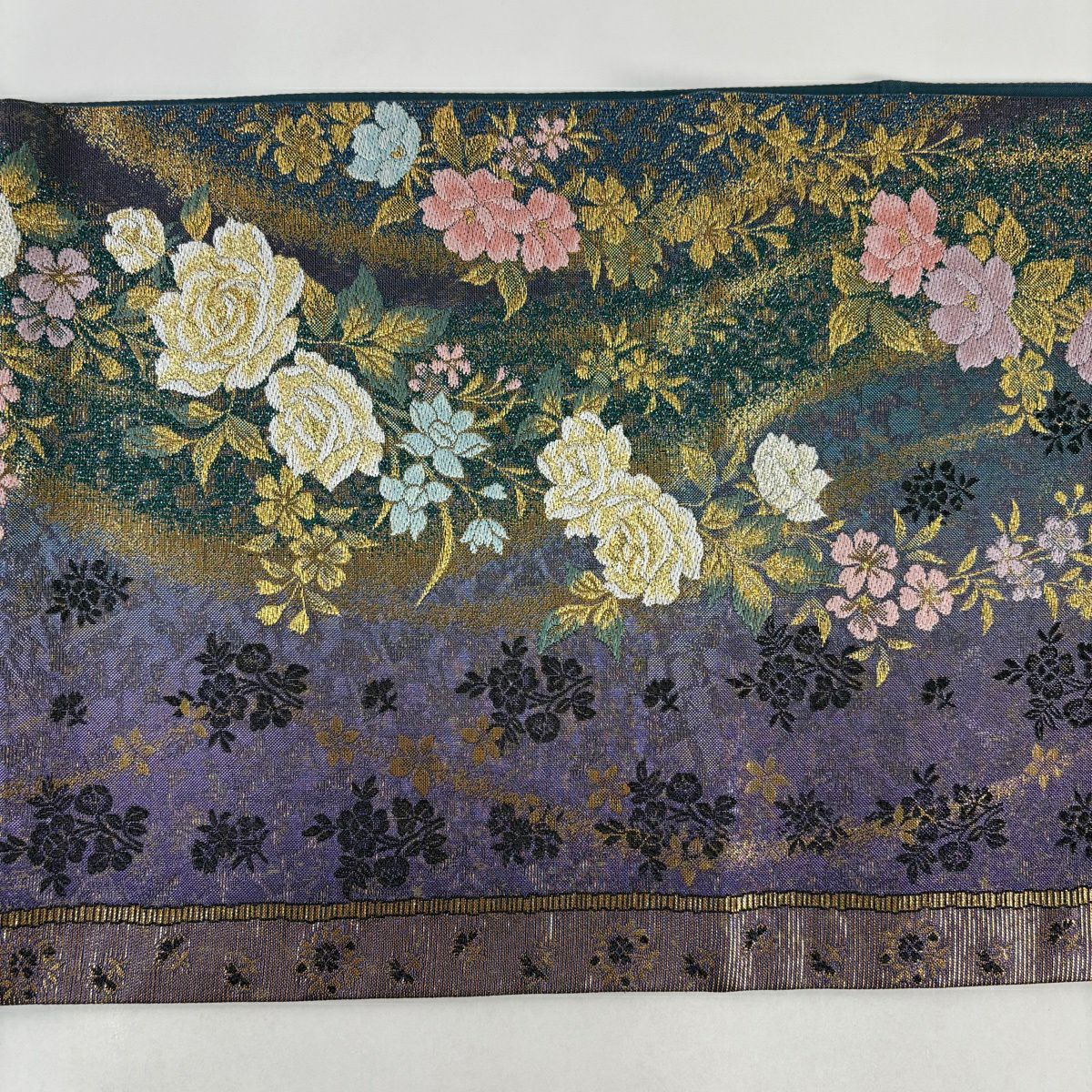 【美品】袋帶 秀品級 大和 玫瑰 草花紋 金金箔 金銀彩 青綠 六通 純蠶絲