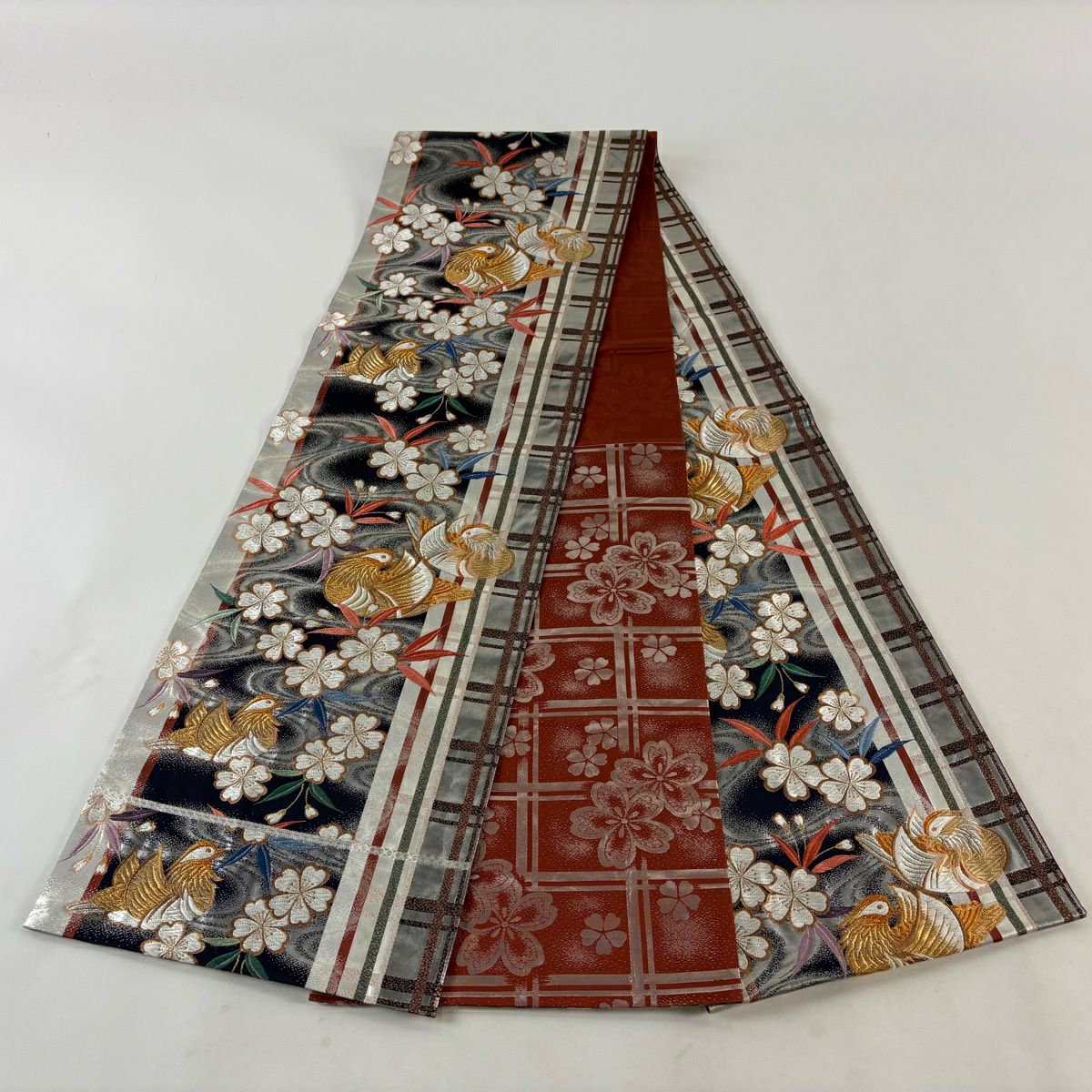 【美品】 袋帶 秀品級 鴛鴦 櫻花 金銀彩 金金箔 黑 全通 純蠶絲