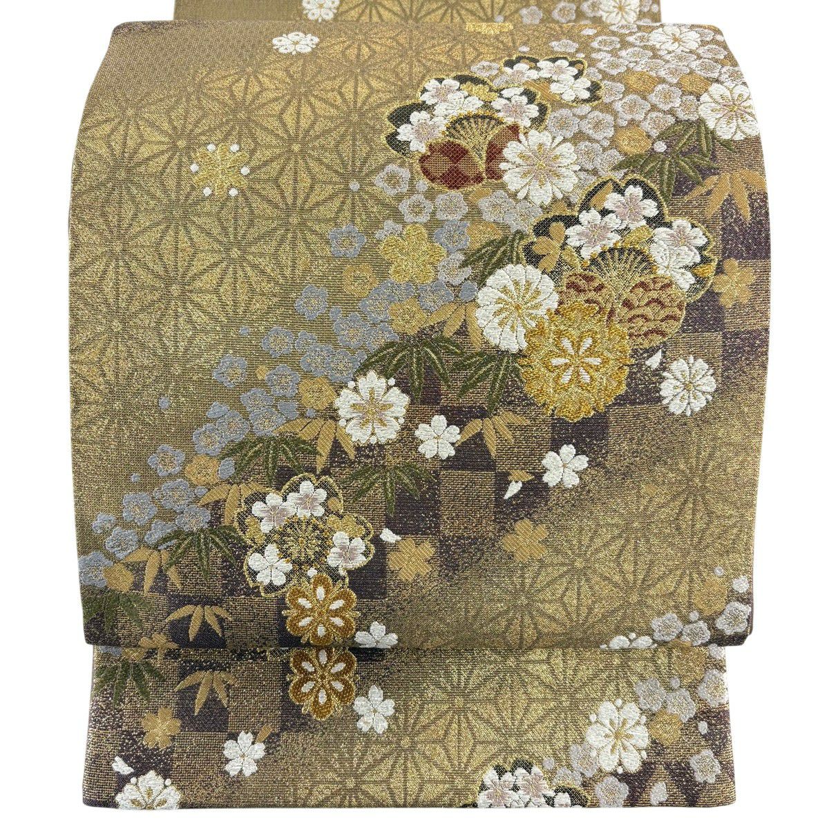袋帶 秀品級 大和 櫻花 鱗片 金金箔 金絲 黃土色 六通 純蠶絲