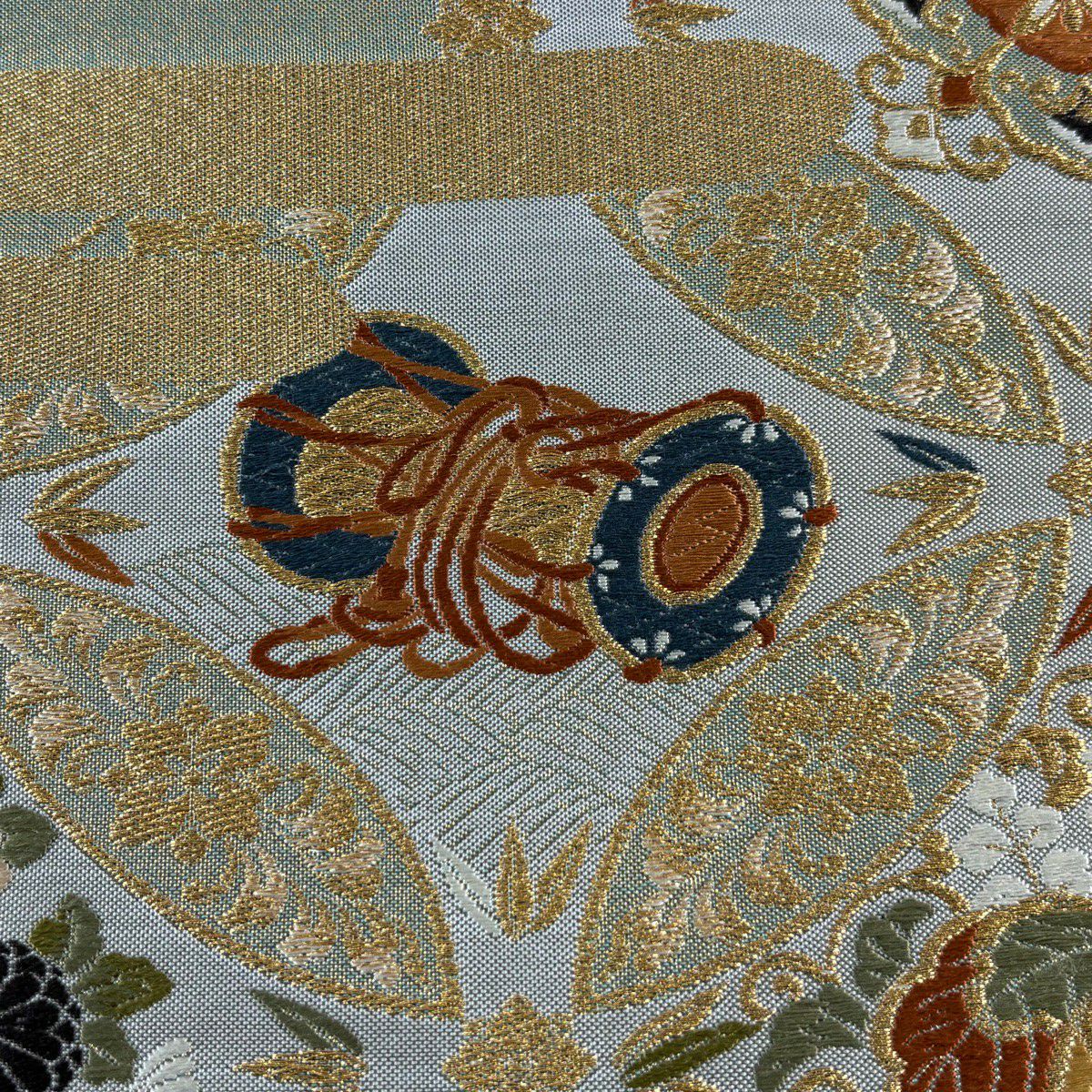 袋帶 秀品級 七寶紋 華紋 金絲 金金箔 鶯色 六通 純蠶絲