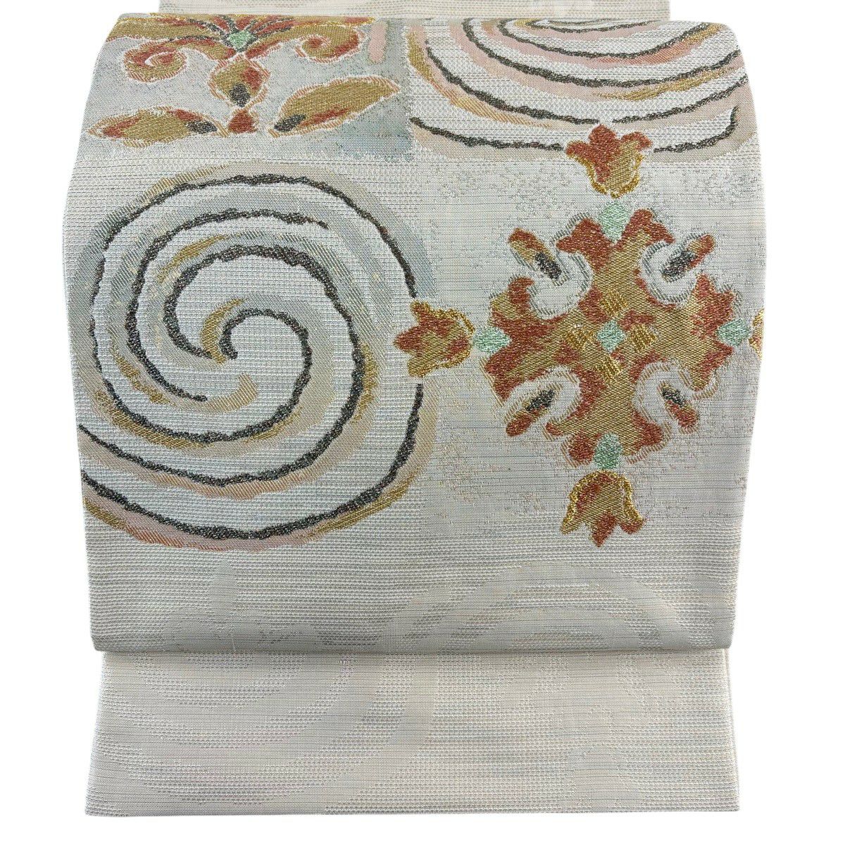 【美品】 袋帶 秀品級 渦卷 草花紋 金絲 金金箔 米色 大鼓圖案 純蠶絲