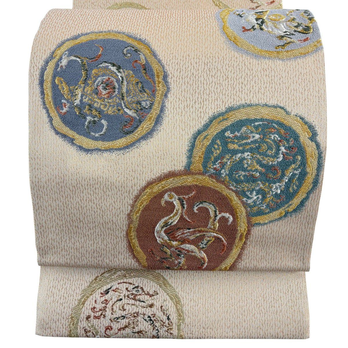【美品】 袋帶 秀品級 玄武 青龍 朱雀 白虎 圓文 四神 金銀彩 米色 大鼓圖案 純蠶絲