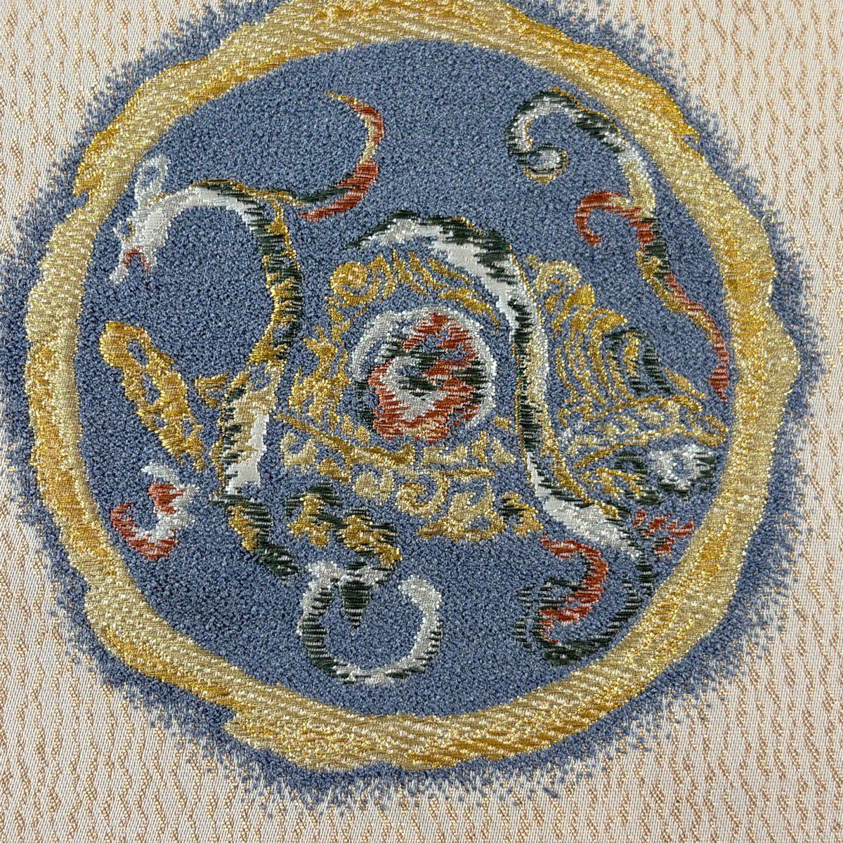 【美品】 袋帶 秀品級 玄武 青龍 朱雀 白虎 圓文 四神 金銀彩 米色 大鼓圖案 純蠶絲