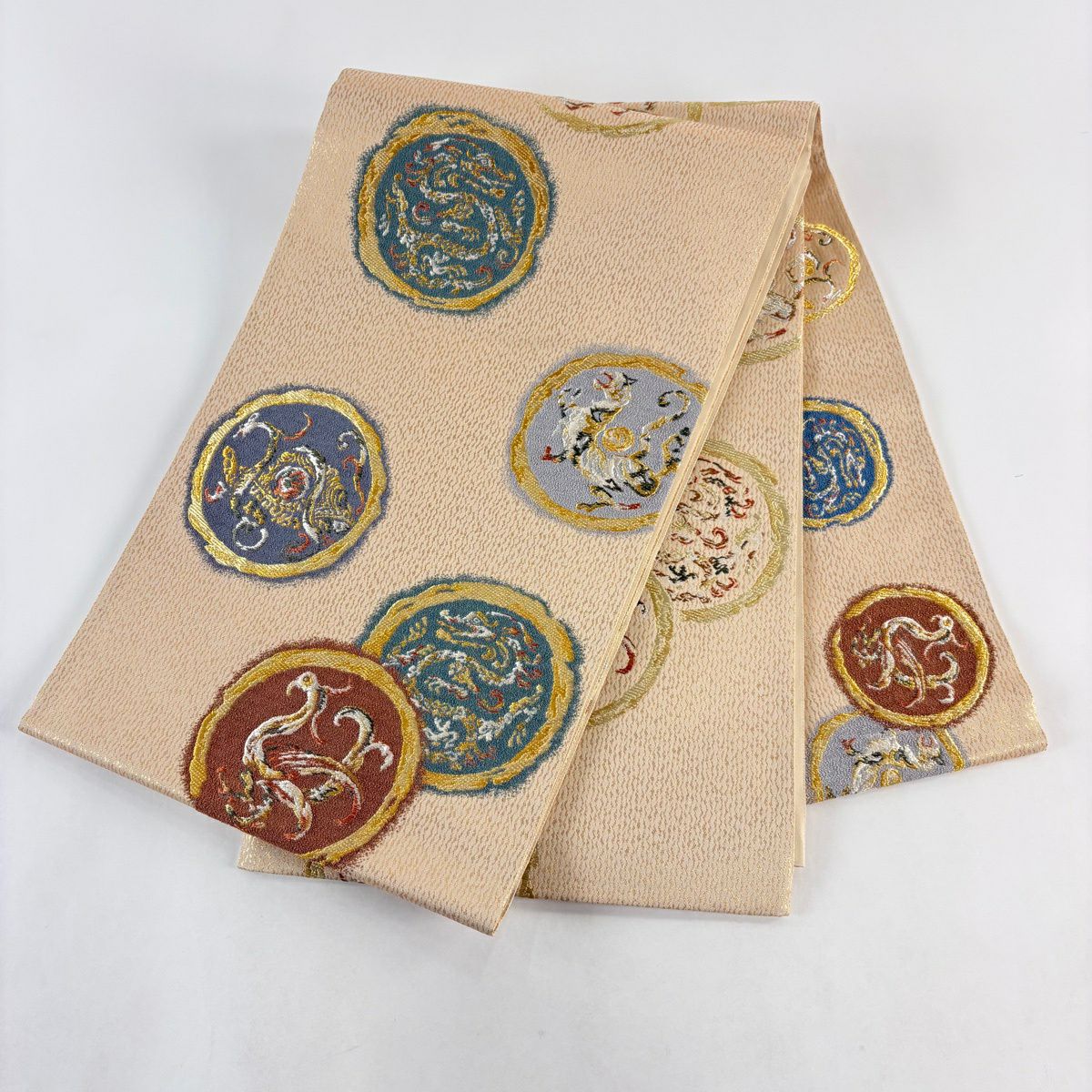 【美品】 袋帶 秀品級 玄武 青龍 朱雀 白虎 圓文 四神 金銀彩 米色 大鼓圖案 純蠶絲