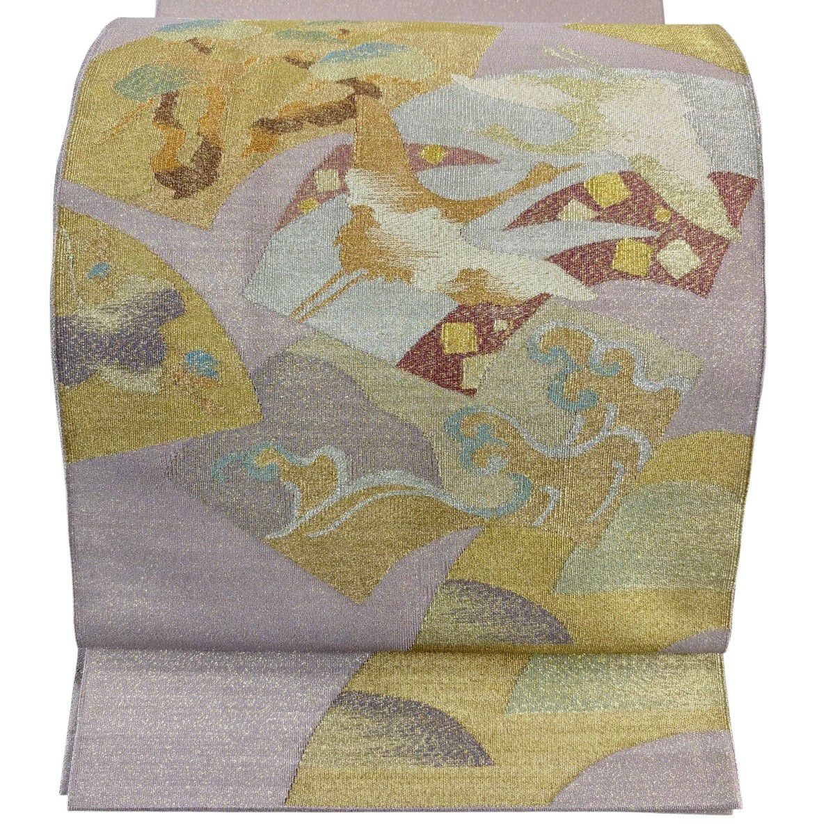【美品】 袋帶 秀品級 關西仕立 仙鶴 扇子面 綴織 金銀彩 灰紫 お太鼓柄 純蠶絲