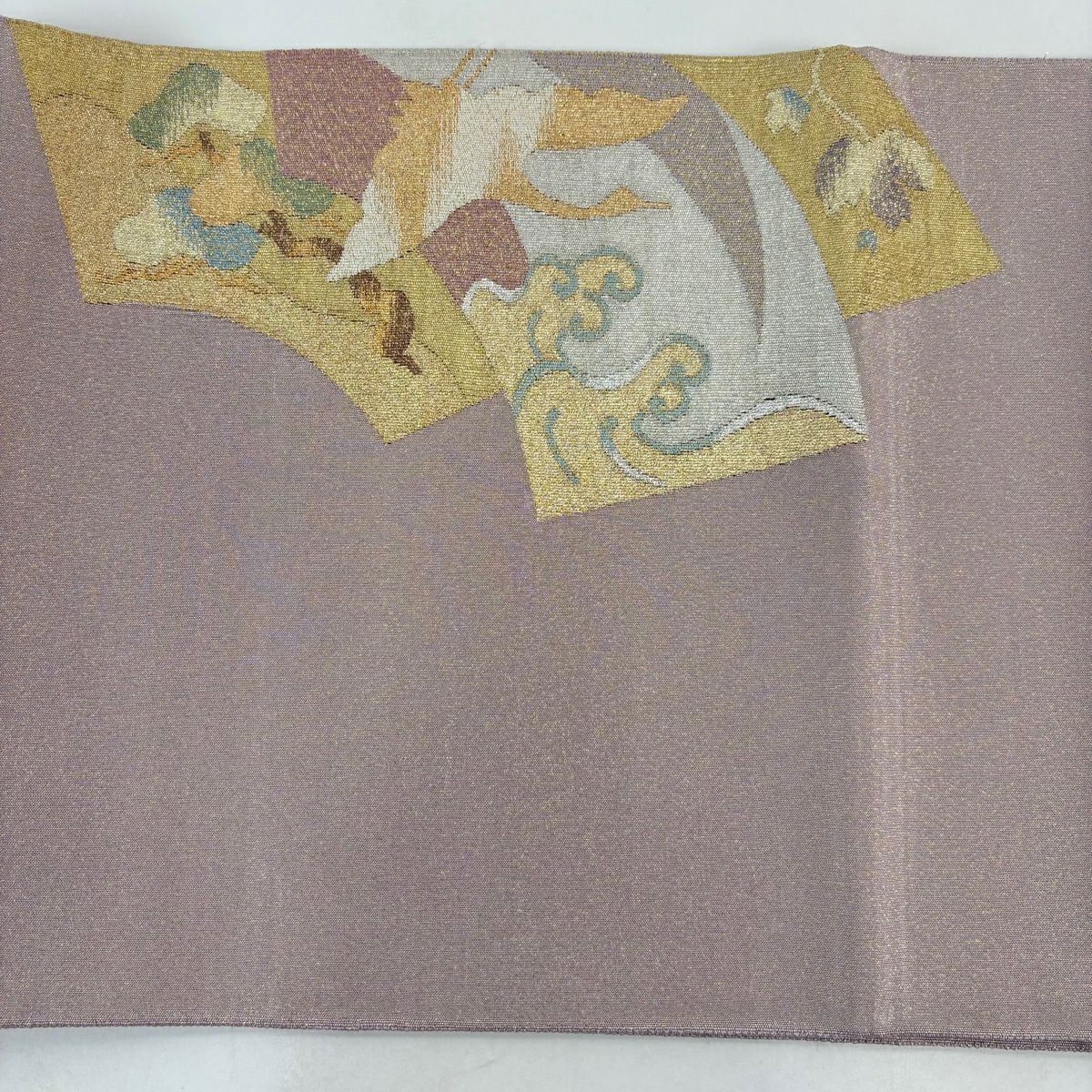 【美品】 袋帶 秀品級 關西仕立 仙鶴 扇子面 綴織 金銀彩 灰紫 お太鼓柄 純蠶絲