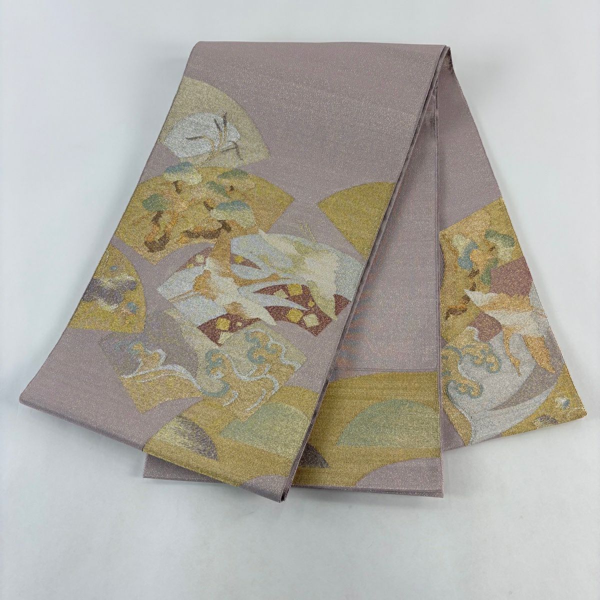 【美品】 袋帶 秀品級 關西仕立 仙鶴 扇子面 綴織 金銀彩 灰紫 お太鼓柄 純蠶絲