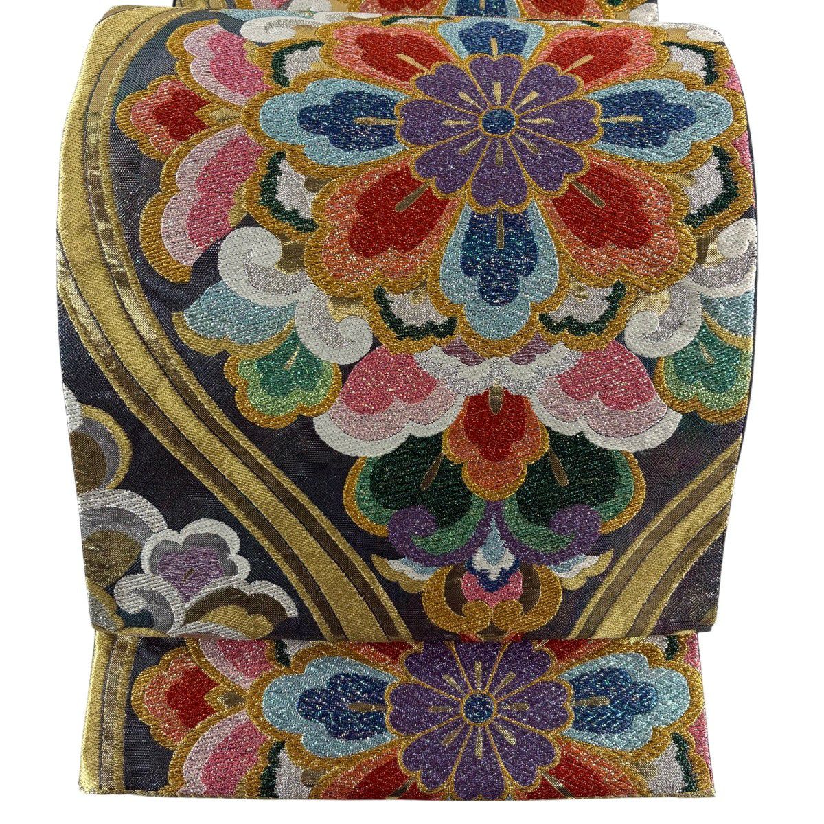 【美品】 袋帶 秀品級 振袖禮服禮服用 立涌華紋 華紋 立涌 金銀彩 金金箔 青綠 六通 純蠶絲
