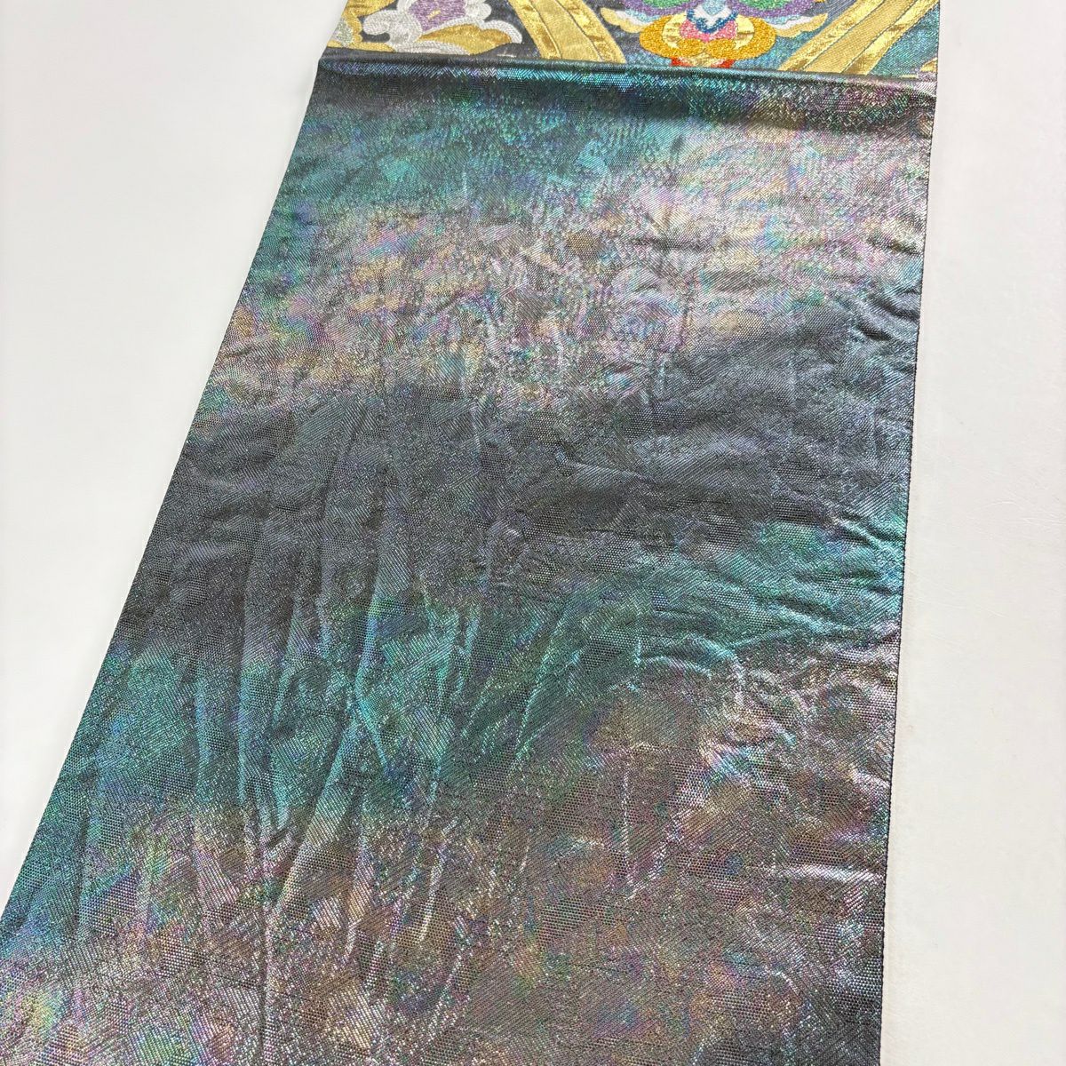 【美品】 袋帶 秀品級 振袖禮服禮服用 立涌華紋 華紋 立涌 金銀彩 金金箔 青綠 六通 純蠶絲