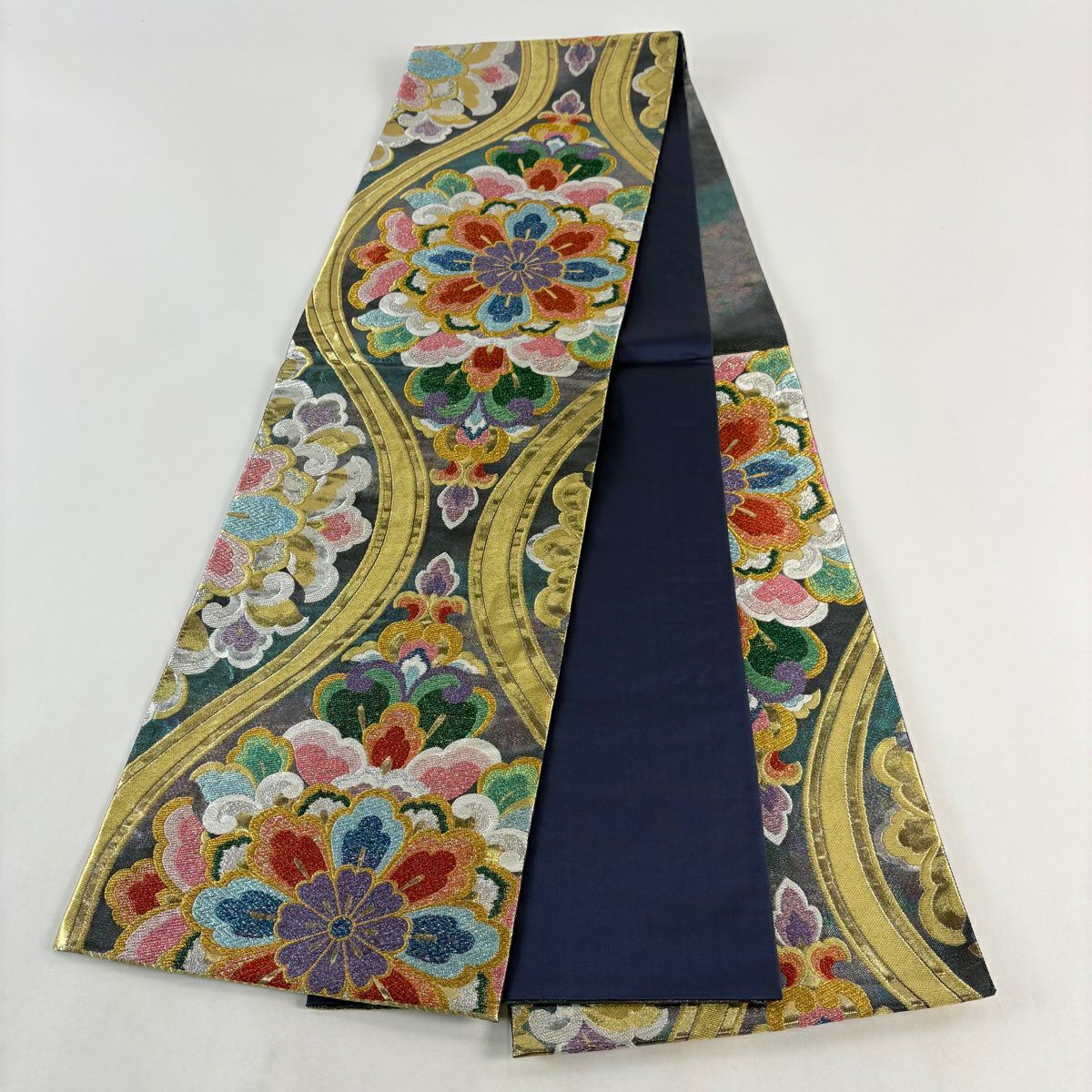 【美品】 袋帶 秀品級 振袖禮服禮服用 立涌華紋 華紋 立涌 金銀彩 金金箔 青綠 六通 純蠶絲