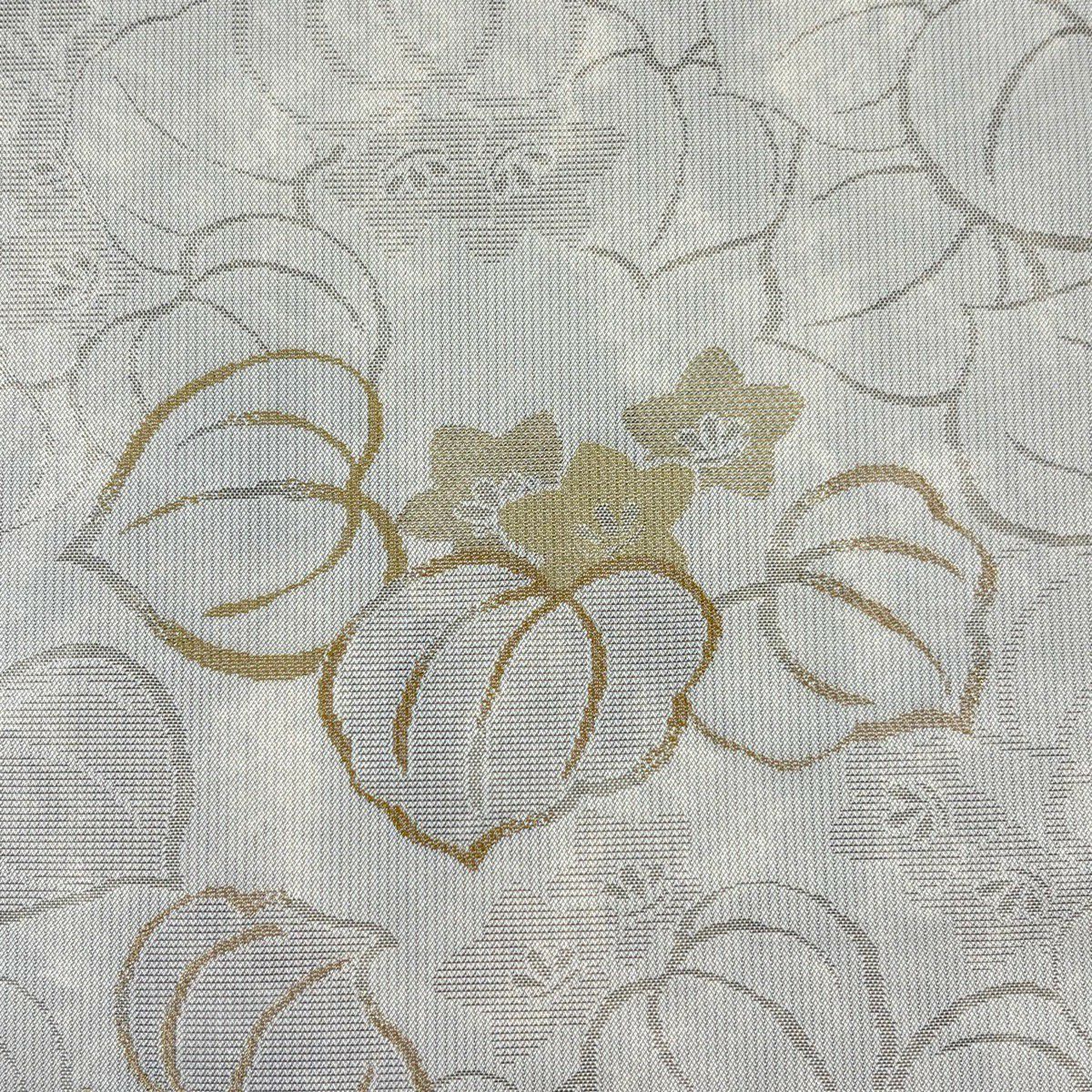 【美品】 袋帶 秀品級 草花紋 金糸 金金箔 灰茶 六通 純蠶絲