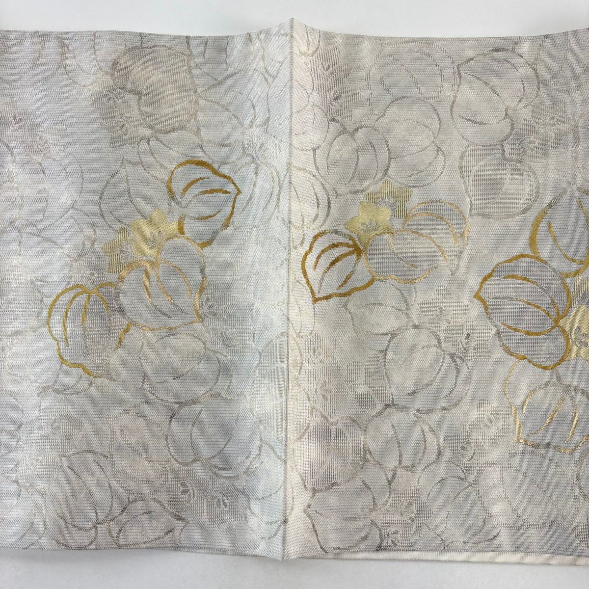【美品】 袋帶 秀品級 草花紋 金糸 金金箔 灰茶 六通 純蠶絲