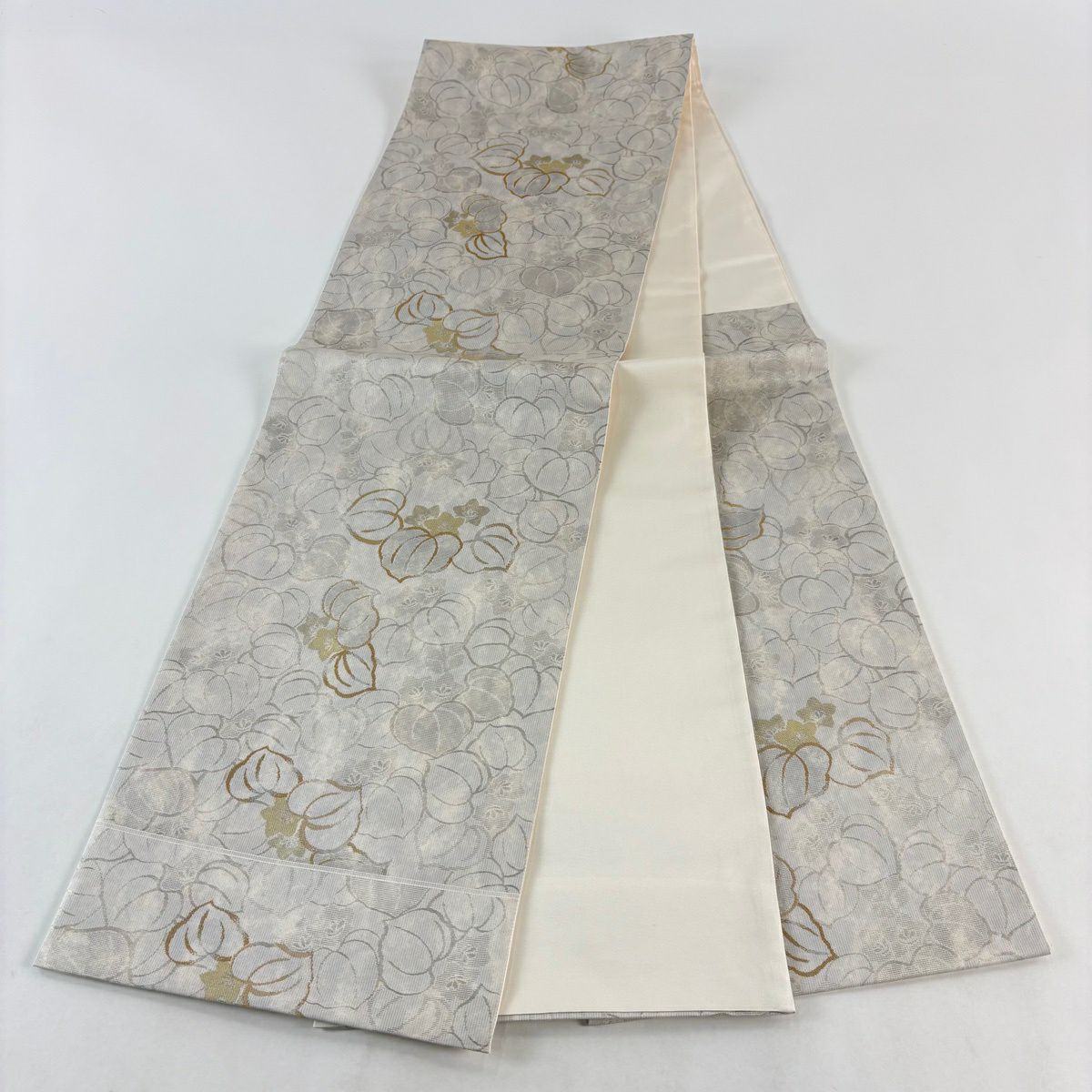 【美品】 袋帶 秀品級 草花紋 金糸 金金箔 灰茶 六通 純蠶絲