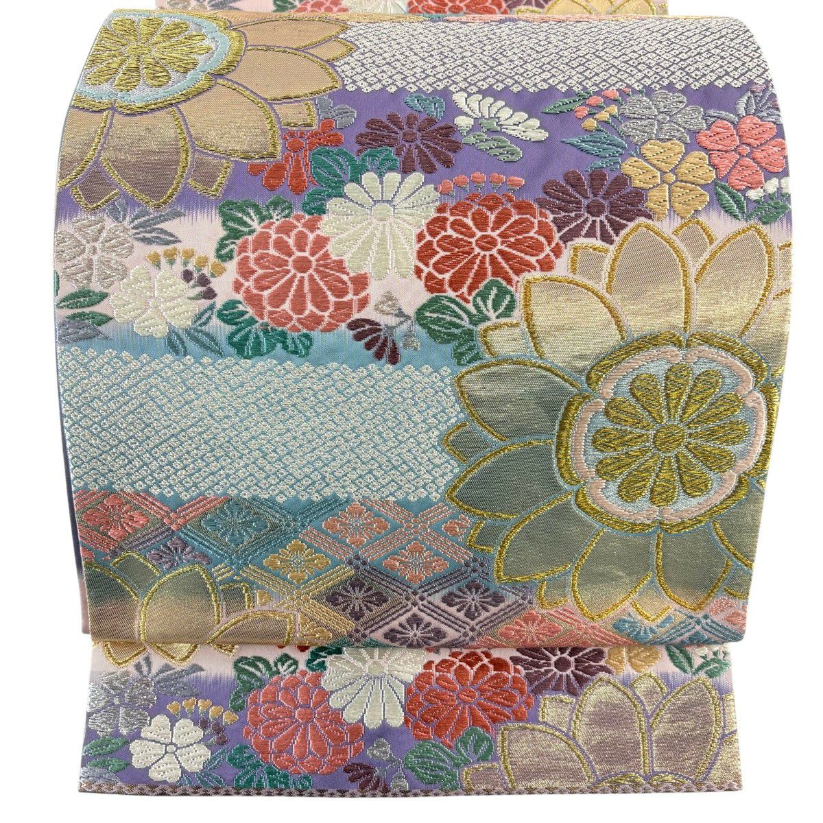 【美品】 袋帶 秀品級 關西仕立 振袖禮服禮服用 菊花 花菱 金銀彩 金金箔 紫 六通 純蠶絲