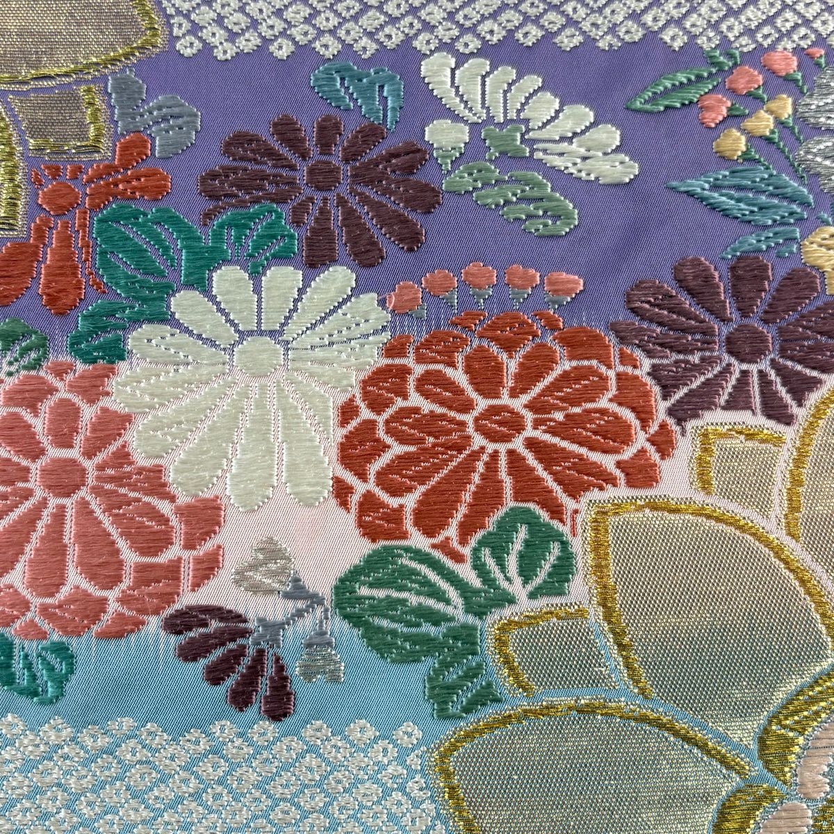 【美品】 袋帶 秀品級 關西仕立 振袖禮服禮服用 菊花 花菱 金銀彩 金金箔 紫 六通 純蠶絲
