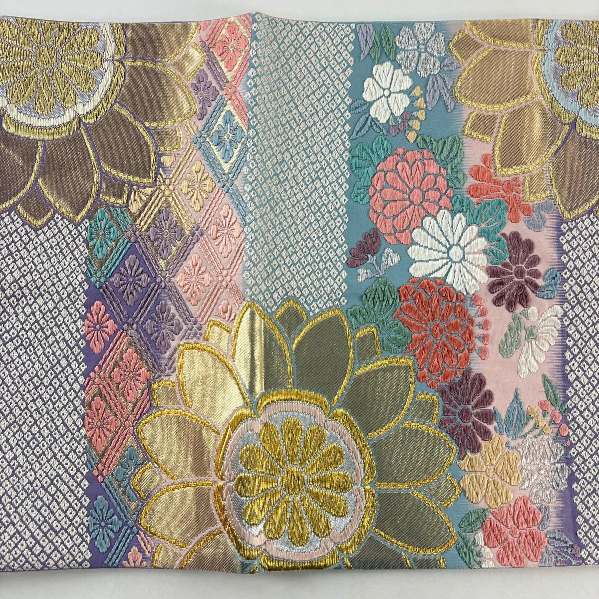 【美品】 袋帶 秀品級 關西仕立 振袖禮服禮服用 菊花 花菱 金銀彩 金金箔 紫 六通 純蠶絲