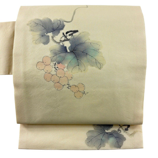 名古屋帶 秀品級 附落款 夏帶 絽 葡萄 米色 純蠶絲