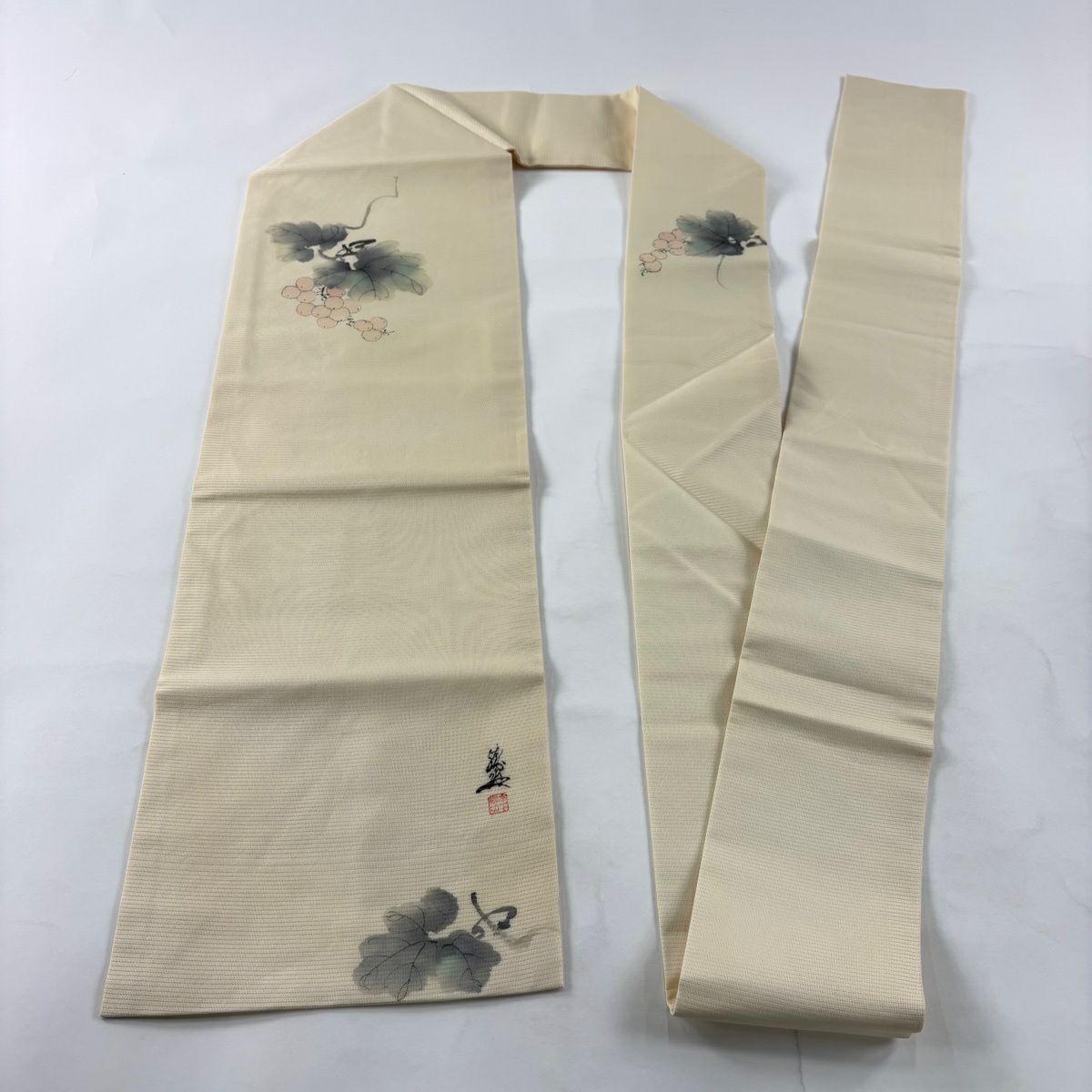 名古屋帶 秀品級 附落款 夏帶 絽 葡萄 米色 純蠶絲