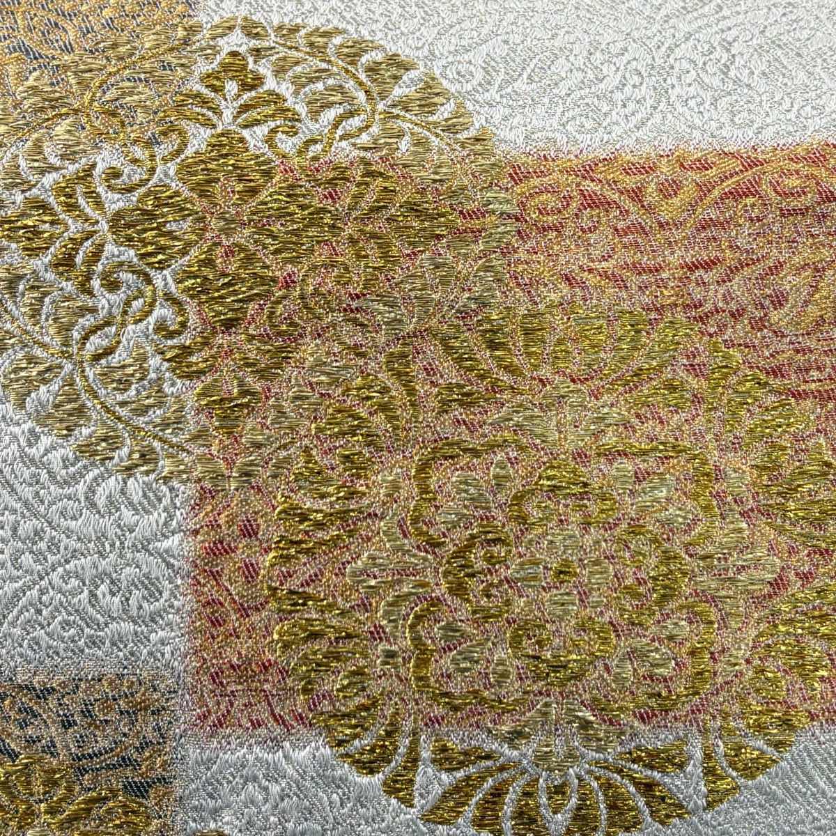 【美品】 袋帶 秀品級 華紋 葡萄唐草紋 金銀線 金金箔 灰 深藍 六通 純蠶絲