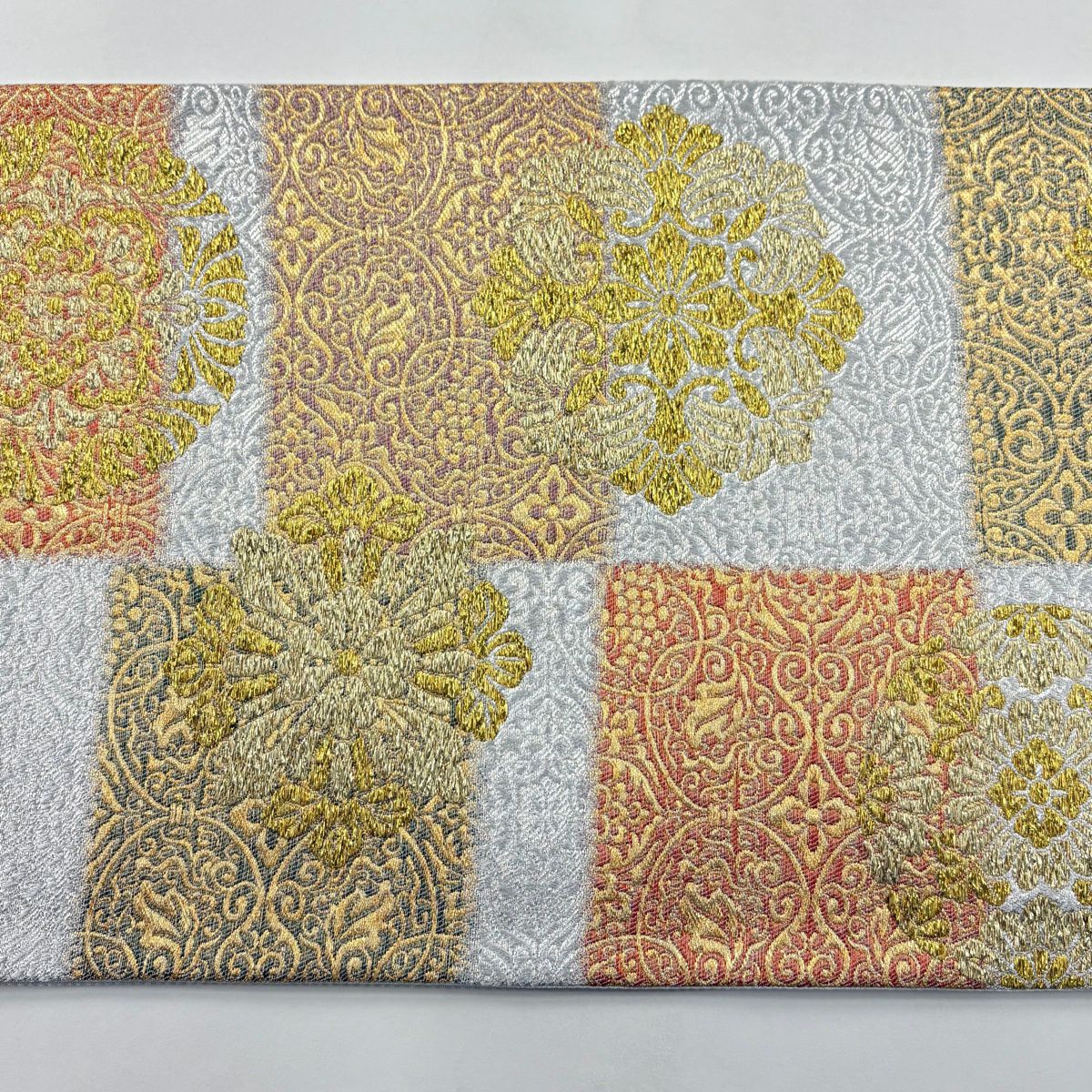 【美品】 袋帶 秀品級 華紋 葡萄唐草紋 金銀線 金金箔 灰 深藍 六通 純蠶絲