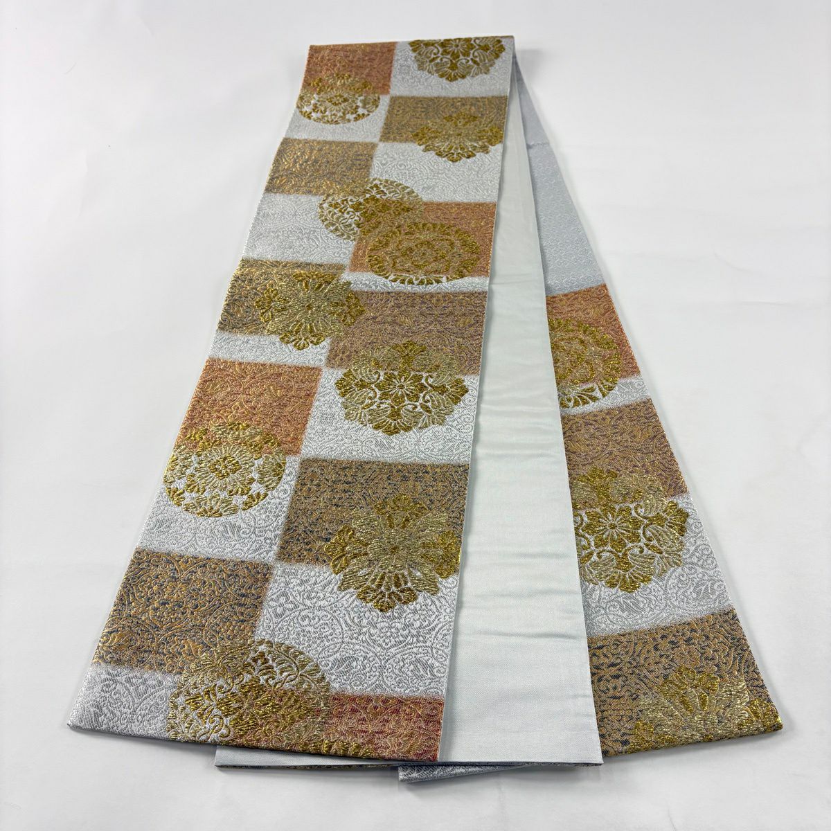 【美品】 袋帶 秀品級 華紋 葡萄唐草紋 金銀線 金金箔 灰 深藍 六通 純蠶絲