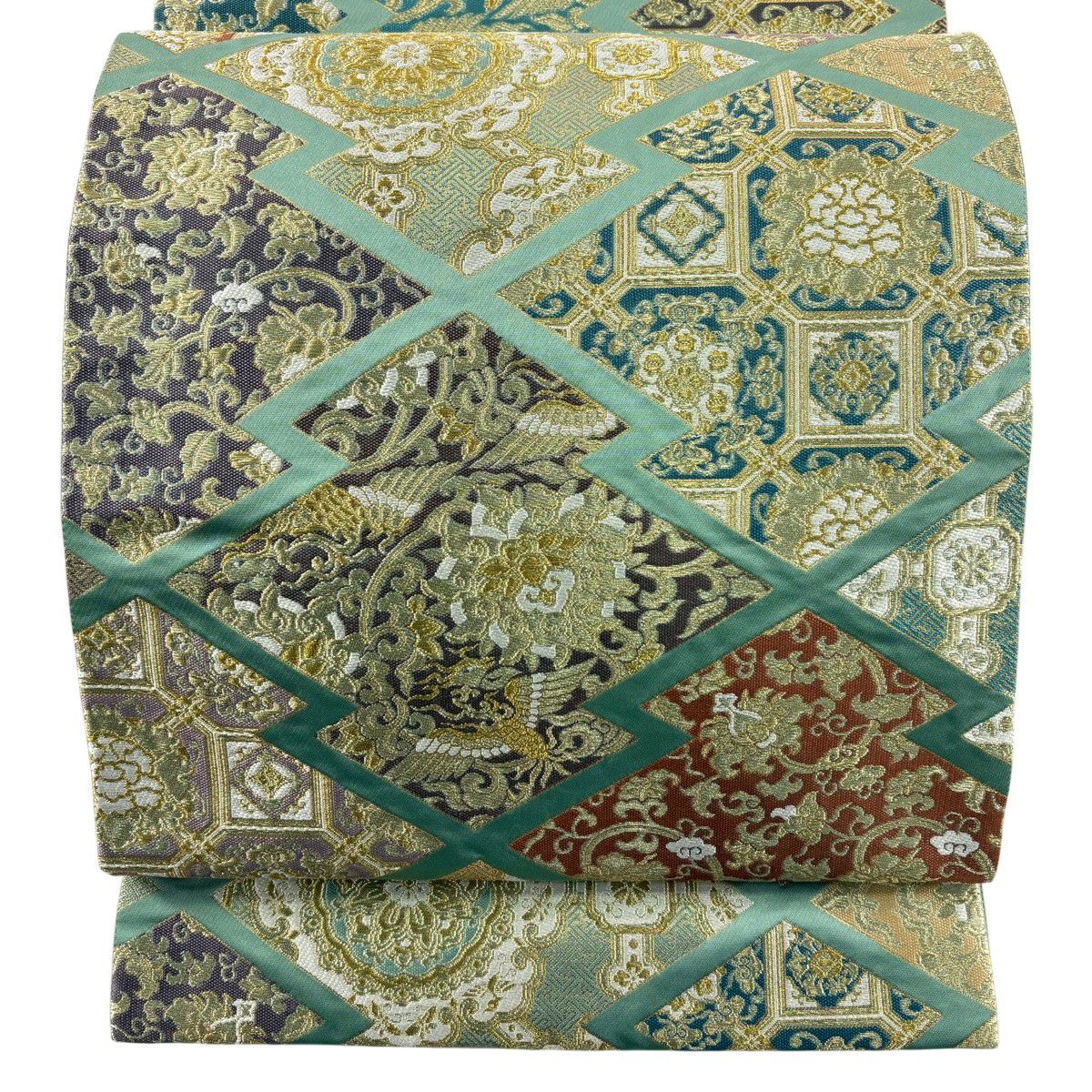 【美品】 袋帶 秀品級 松樹皮菱 花唐草紋 金糸 金金箔 淺綠 六通 純蠶絲