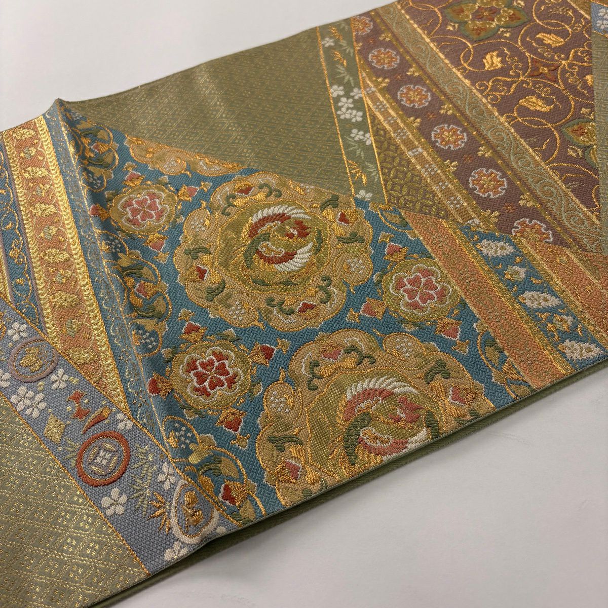 袋帶 秀品級 鳳凰 華紋 金絲 金金箔 淺綠 六通 純蠶絲