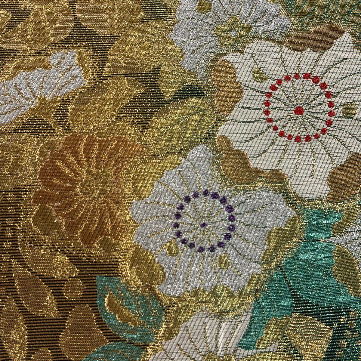 袋帶 秀品級 草花紋紋 金金箔 綠 六通 純蠶絲